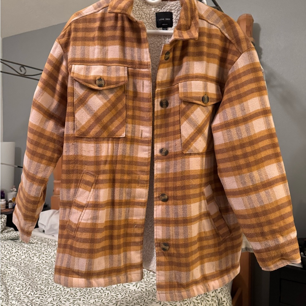 Love Tree Women's Cozy Soft Sherpa Coat Plaid Brown Shacket Medium